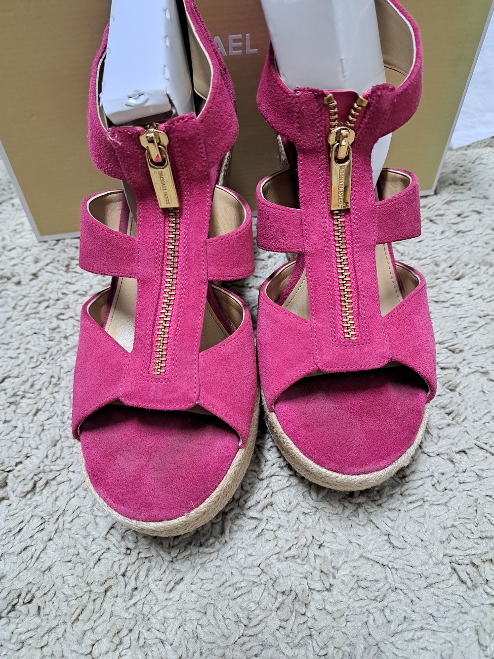 Michael Kors Demita Suede Wedge Sandals with Gold Zip Detail